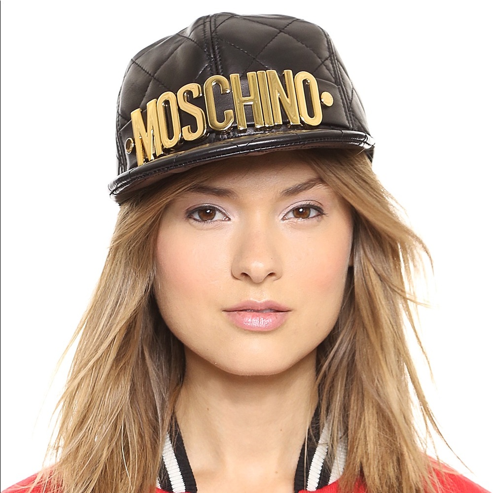 Moschino leather gold tone logo hat